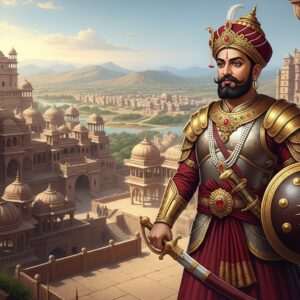 An intricate digital artwork featuring Bappa Rawal, the legendary king of Mewar, depicted as a regal Indian warrior-king. He stands majestically against a backdrop of an expansive kingdom landscape that stretches from Mewar to Rawalpindi. Bappa Rawal is portrayed with traditional Rajput attire, adorned in a royal gold and maroon armor with an elaborate turban and traditional weapons like a sword and shield. The setting includes architectural elements inspired by ancient Indian palaces and fortresses, with grand arches and intricate carvings. The color palette is rich with deep maroons, golds, and peacock blues, accentuated by glowing ambient lights that add a surreal and ethereal quality to the scene. The artwork captures a sense of grandeur, history, and cultural pride, invoking curiosity and admiration for the storied past of the kingdom.