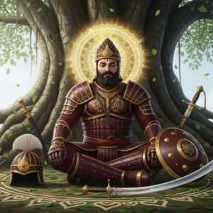 A serene, hyperrealistic depiction of Bappa Rawal, the legendary Rajput ruler, in a moment of peaceful meditation under a sprawling, ancient banyan tree. He is adorned in intricately detailed traditional Rajput armor with a rich maroon and gold color palette, symbolizing his warrior heritage. The atmosphere is ethereal and spiritual, with soft, glowing lights filtering through the tree's leaves, casting intricate patterns on the ground. In the background, a large, golden mandala radiates a calming glow, representing his impending samadhi. The scene is infused with elements of Rajput culture, such as traditional weapons and symbols subtly integrated into the foliage. The overall tone is one of tranquility and reverence, inviting viewers to explore the mysteries of his life and legacy.