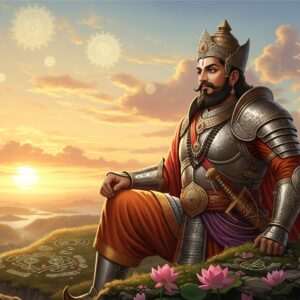 A regal Indian warrior, Bappa Rawal, stands majestically on a cliff, overlooking an ancient, sprawling kingdom. He is adorned in intricate Rajput armor with ornate patterns and a majestic crown. The scene is set during the golden hour, with warm hues casting a glow on his determined face. Behind him, the sky is a mix of saffron and peacock blue, filled with softly glowing mandalas. In the foreground, traditional cultural motifs like lotus flowers and spiritual symbols are subtly woven into the landscape. The art style is hyperrealistic with a blend of traditional and digital aesthetics, capturing a serene and ethereal atmosphere that honors his legacy and historical impact.