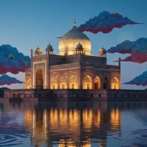 A majestic digital artwork depicting the grand mausoleum of Sher Shah Suri, set against a serene twilight sky. The mausoleum, an architectural marvel with its intricate Indo-Islamic design, stands majestically on a calm lake, reflecting its grandeur in the water below. The scene is illuminated by soft, warm golden lights that highlight the detailed carvings and patterns, reminiscent of Mughal artistry. In the background, stylized peacock blue and maroon clouds swirl with ethereal mandalas subtly integrated into the sky, symbolizing the spiritual legacy of Sher Shah Suri. The foreground features gently floating lotus flowers and soft ripples on the lake surface, adding a touch of tranquility. The overall tone is serene and surreal, inviting the viewer to delve deeper into the rich history and legacy of Sher Shah Suri.