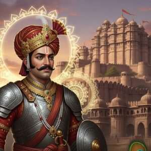 A regal Indian prince, Bappa Rawal, standing proudly in traditional Rajput armor adorned with intricate patterns, with a majestic fort of Mewar in the background. The prince's expression is one of wisdom and leadership, his eyes reflecting a lineage of valor. Surrounding him are ethereal glowing mandalas and soft pastel hues of maroon and saffron that blend into a surreal sky. Peacock blue highlights enhance the rich tapestry of cultural motifs. This hyperrealistic digital artwork captures the serene and spiritual essence of Mewar's royal legacy, inviting the viewer to delve into the storied history of Bappa Rawal's family.