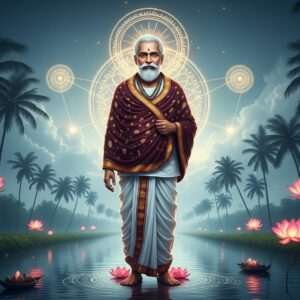 An intricate depiction of Pambadi Rajan, an esteemed figure in a traditional Kerala setting, surrounded by elements symbolizing his legacy and influence. He stands with a serene yet enigmatic expression, wearing a richly detailed dhoti and shawl in deep maroon and gold hues, embodying the fusion of tradition and modernity. His backdrop is a stylized representation of a lush Kerala landscape, featuring the graceful curves of palm trees and tranquil backwaters, bathed in soft, ethereal light. Subtle digital motifs blend with traditional art forms like Pattachitra and Madhubani, integrating lotus flowers and glowing mandalas that reflect his profound impact. The scene is imbued with an aura of mystery and wisdom, drawing viewers into the narrative of his legacy shaping the future. The art style is hyperrealistic with surreal touches, creating a captivating visual that balances heritage with contemporary aesthetics.
