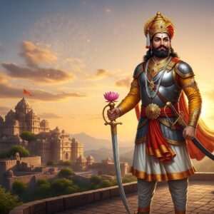 An awe-inspiring depiction of Bappa Rawal, the legendary founder of Mewar, standing majestically amidst the ancient fortresses and lush landscapes of Rajasthan. He is portrayed with regal attire, a traditional Indian warrior's armor adorned with intricate gold and saffron motifs. His expression is resolute, with eyes reflecting wisdom and leadership. In one hand, he holds a sword with a hilt shaped like a lotus, symbolizing strength and purity. The backdrop features the grand architecture of Chittorgarh Fort bathed in the warm glow of a setting sun, casting a golden hue over the scene. The sky is painted in serene pastel shades, with hints of glowing mandalas subtly integrated into the clouds, adding a spiritual dimension to the composition. The image should be hyperrealistic, capturing the grandeur and historical essence of Bappa Rawal's reign while infusing it with a modern digital aesthetic that appeals to contemporary viewers.