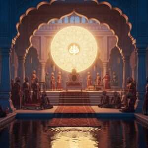 A majestic and enigmatic scene depicting an ancient Indian royal court during the Garulaka Dynasty, filled with intricately dressed courtiers wearing deep maroon and peacock blue attire adorned with golden embroidery. The court is surrounded by grand architecture, featuring ornate pillars and arches with traditional Indian motifs. In the center, a regal throne is set under a large, ethereal glowing mandala, symbolizing power and wisdom. The atmosphere is serene yet mysterious, with soft pastel lights illuminating the scene and casting reflections on calm water surfaces nearby. The courtiers display a sense of intrigue and reverence as they engage in discussions. The art style is hyperrealistic, blending elements of digital aesthetics with traditional Indian patterns, creating a captivating and immersive visual narrative.