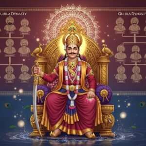 A regal scene depicting Bappa Rawal, a legendary Indian ruler, seated majestically on an ornate, intricately carved throne adorned with traditional Indian motifs. He is clad in an opulent traditional outfit with a golden crown, holding a sword in his right hand and a lotus flower in his left. Behind him, a grand tapestry showcasing the lineage of the Guhila Dynasty with subtle depictions of his successors, all in traditional attire, their features reflecting the rich heritage. The background is a blend of deep maroon and peacock blue hues with an ethereal glow, featuring a large mandala pattern symbolizing divine protection and prosperity. The scene is infused with serene and surreal elements, like softly glowing lights and gentle water reflections, emphasizing a mystical and historical aura. The art style combines digital modernity with traditional Indian aesthetics, ensuring an engaging visual that captivates the viewer's imagination and curiosity about the dynasty's history.