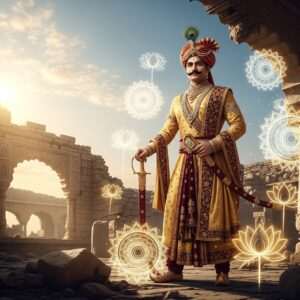 A regal Indian prince, representing Bappa Rawal, standing proudly amidst the ancient ruins of a grand Rajput palace. He is adorned in traditional royal attire with a resplendent gold and maroon silk robe, intricate jewelry, and a majestic turban with a peacock feather. His posture is noble and commanding, with a sword in his hand. Surrounding him are ethereal, glowing motifs of mandalas and lotus flowers, subtly blending into the architecture. The background features a serene, pastel-hued sky with soft sunlight casting a warm, golden glow over the scene. The image is hyperrealistic with a modern digital art touch, capturing the essence of heritage and legacy, invoking a sense of curiosity and reverence for the Guhila Dynasty.