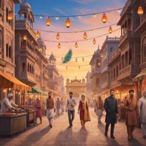 A vibrant, bustling scene of Amritsar's Heritage Street, alive with rich culture and history. The street is lined with traditional Indian architecture, featuring ornate facades and intricate carvings. The air is filled with the scent of local street food, depicted as colorful stalls with steaming dishes. Indian men and women in modern, stylish attire mingle with traditionally dressed locals, creating a tapestry of past and present. The street is adorned with strings of glowing lanterns and marigold garlands, casting a warm, inviting glow. In the background, the majestic Golden Temple shimmers under a soft sunset sky in hues of saffron and peacock blue. The art style is a harmonious blend of hyperrealism and digital fantasy, capturing the essence of Amritsar's timeless charm and modern vibrancy.