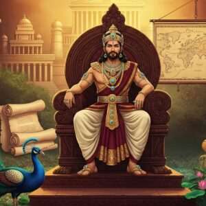 An intricate digital illustration showcasing a regal Indo-Parthian king, Gondophares, seated on a majestic, ornately-carved throne. He is adorned in traditional attire with elaborate gold and turquoise jewelry. Surrounding him are richly detailed elements of Indo-Parthian culture: ancient scrolls, a map of his kingdom, and a backdrop of grand architecture blending Greco-Bactrian and Indian styles. The scene is bathed in warm golden light, highlighting deep maroon and peacock blue hues. In the foreground, cultural motifs like a peacock and lotus flowers add depth. The art style merges traditional Indian motifs with a modern digital aesthetic, capturing the historical grandeur and cultural fusion of Gondophares' era.