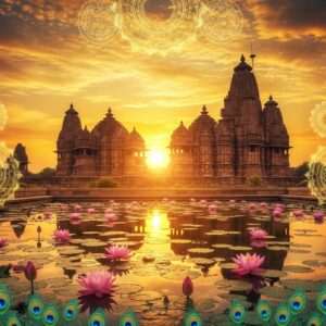A majestic depiction of the Khajuraho temples, built by the Chandela dynasty, with intricate carvings and sculptures that showcase the beauty of traditional Indian architecture. The temples are set against a vibrant sunset sky in rich hues of saffron, gold, and maroon. In the foreground, a serene lotus pond reflects the soft glow of the setting sun. The scene is adorned with stylized elements like peacock feathers and mandalas, emphasizing a blend of heritage and modern digital aesthetics. The image captures the grandeur and historical significance of the Chandelas, with an ethereal and surreal atmosphere that invites viewers to explore their legacy.