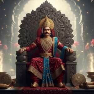 An intricate scene depicting a regal Indian king, Durvinita, seated on a grand, ornate throne embellished with intricate carvings inspired by traditional Indian art forms like Madhubani and Phad. His attire is a fusion of ancient royal garments and modern digital aesthetics, featuring rich, deep colors such as maroon and peacock blue with gold accents. Around him are softly glowing lights and surreal, ethereal mist, enhancing the aura of mystery and legacy. The backdrop features a lush palace with stylized lotus flowers and Hindu spiritual symbols subtly integrated into the architecture. Surrounding the throne are elements of history and lore, such as ancient scrolls and royal emblems. The overall atmosphere is serene yet captivating, drawing viewers into a world of historical intrigue and royal mystique. The style is hyperrealistic with a touch of fantasy, suitable for modern digital platforms.