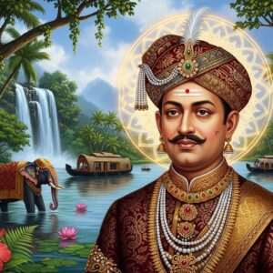 An intricately detailed portrait of Maharaja Sree Moolam Thirunal, depicted in a regal pose with traditional Kerala attire, surrounded by symbols of his legacy. His elegant royal garb features deep maroon and gold, with subtle elements of Pattachitra and Madhubani patterns. The background showcases a surreal blend of lush Kerala landscapes with serene backwaters and palm trees, reflecting his impact on the region. A glowing mandala softly illuminates the scene, symbolizing wisdom and enlightenment. The sky is adorned with pastel hues of soft blue and pale pink, capturing the ethereal essence of his visionary leadership. The overall tone is tranquil yet majestic, capturing both historical richness and modern digital aesthetics, drawing the viewer into his remarkable legacy.