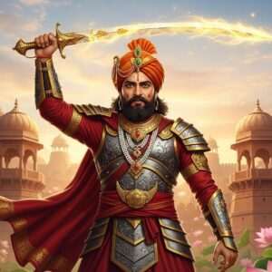 A majestic scene featuring Bappa Rawal, the legendary Rajput warrior, standing tall and resolute in ornate, traditional Rajput armor with intricate patterns and embellishments. His famed sword gleams under the ethereal glow of a soft, pastel-colored sky, with a subtle golden aura surrounding the blade, emphasizing its legendary status. Bappa Rawal is depicted with a commanding presence, his eyes focused and determined, exuding an air of strength and nobility. The backdrop features stylized motifs of ancient Indian forts and lotus flowers, blending the grandeur of Rajput architecture with serene natural elements. The art style is hyperrealistic with a touch of fantasy, incorporating deep maroon, saffron, and gold hues, creating an atmosphere of legendary heroism and historical grandeur.