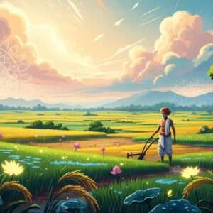 A serene and ethereal scene depicting a lush Indian landscape transformed by the monsoon. The sky is painted in soft pastel hues of pale pink, warm gold, and gentle blue, with glowing clouds and a gentle drizzle. In the foreground, vibrant fields of rice and other crops thrive under the nourishing rain, their deep green colors contrasting beautifully with the earth. A farmer in traditional Indian attire, with a serene expression, stands amidst the fields, holding a traditional plow. The scene is adorned with intricate patterns of lotus flowers and glowing mandalas subtly embedded in the landscape, symbolizing fertility and abundance. The overall atmosphere is tranquil and harmonious, capturing the essence of India's agricultural lifeblood. The art style should be hyperrealistic with a touch of modern digital aesthetics, emphasizing the beauty and significance of the monsoon.