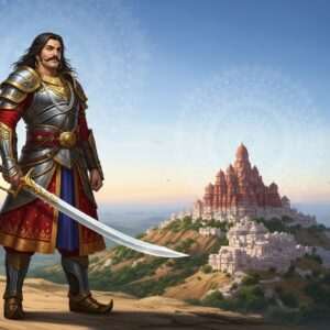 A towering Indian warrior, Bappa Rawal, stands heroically on a sunlit hilltop, clad in traditional Rajput armor with intricate patterns. His presence is commanding and noble, with a sharp gaze and a regal posture. He wields an imposing sword, the hilt adorned with gold and precious stones, its blade glinting under the sunlight. His long flowing hair and mustache are reminiscent of the classic Rajput style. The background features the majestic hills of Mewar, bathed in golden and maroon hues, with a serene blue sky above. A glowing mandala subtly illuminates the scene, adding an ethereal touch. The image captures a balance of strength, honor, and serenity, resonating with Indian cultural motifs while maintaining a modern digital aesthetic.