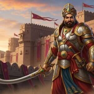 A majestic portrayal of Bappa Rawal, the legendary Lion of Mewar, depicted as a tall, regal figure in intricately detailed Rajput armor, standing valiantly against the backdrop of an ancient Rajasthani fortress. His imposing height is emphasized by the towering fortress walls behind him, draped in vibrant maroon and peacock blue banners. He wields a magnificent, ornate sword with a gleaming golden hilt, reflecting the warm glow of the setting sun. The art captures his fierce yet noble expression, with an ethereal aura surrounding him that highlights his legendary status. The scene is set in a serene yet dramatic ambiance with traditional Indian motifs subtly incorporated into the landscape, blending historical authenticity with modern digital artistry.