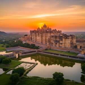 A breathtaking aerial view of the majestic Chittorgarh Fort, bathed in the warm glow of a setting sun. The fort's imposing stone walls and intricate architectural details are highlighted by soft, golden light, creating a surreal and ethereal atmosphere. In the foreground, a serene landscape with lush greenery and calm water surfaces reflects the fort's grandeur. The scene includes traditional Indian elements like peacock motifs and subtle mandalas in the sky, blending historical authenticity with modern digital aesthetics. The image is vibrant yet tranquil, inviting the viewer to explore the fort's rich history and stunning architecture.