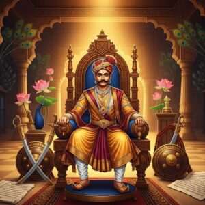 A regal Indian Maharaja in a resplendent gold and maroon silk attire, seated on an intricately carved throne. The backdrop is a grand palace hall adorned with traditional motifs like peacock feathers and lotus flowers, bathed in warm golden light. Around him are historical artifacts: swords, shields, and ancient scripts, symbolizing the legacy and power. The Maharaja's expression is serene yet authoritative, reflecting wisdom and leadership. The art style blends digital aesthetics with traditional Indian art forms, featuring deep colors and intricate patterns, creating a majestic and captivating atmosphere that attracts readers to explore the royal heritage of Mysore.