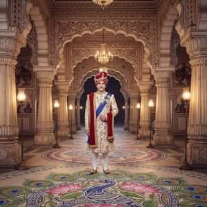 A regal Indian Maharaja standing proudly amidst the opulence of a grand Mysore palace, adorned in rich, traditional attire with a royal turban and intricately embroidered sherwani. His attire glistens with gold and sapphire hues. Around him, intricate patterns inspired by traditional Indian art forms like Madhubani and Phad decorate the scene, featuring cultural motifs such as peacock feathers and lotus flowers. The backdrop features a beautifully detailed palace entrance with ornate pillars and arched windows, reflecting the architectural splendor of Mysore. Soft glowing lights illuminate the scene, casting a warm, ethereal glow that highlights the elegance and authority of the Maharaja. The atmosphere exudes a sense of historical grandeur and modern digital aesthetics, capturing the essence of his legacy in a serene and dignified manner.