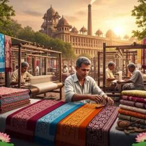 A bustling Indian market scene set in Ichalkaranji, showcasing its vibrant textile heritage. The foreground features intricately woven fabrics in rich, deep colors like maroon, peacock blue, and saffron, displayed in elegant, swirling patterns reminiscent of traditional Madhubani and Pattachitra art. Skilled artisans are working diligently at wooden looms, their focused expressions captured in hyperrealistic detail. In the background, a grand, historic textile mill with ornate architectural features stands proudly under a soft golden light. The scene is bathed in a warm glow, highlighting the textures and colors of the textiles. Lotus flowers and subtle mandala designs adorn the corners of the scene, adding a touch of spirituality and cultural richness. The overall atmosphere is serene yet dynamic, blending tradition with modern aesthetics to capture the essence of Ichalkaranji's textile legacy.