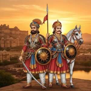 A majestic portrayal of the legendary figures of the Mewar Dynasty, Bappa Rawal and Maharana Pratap. Bappa Rawal stands proudly with his sword and shield, adorned in intricately designed royal armor featuring deep gold and maroon hues, reminiscent of traditional Indian art. Beside him, Maharana Pratap, in a striking maroon and peacock blue armor, holds a spear, with Chetak, his loyal white steed, standing nobly by his side. The background features an ethereal landscape with ancient forts and the serene lakes of Udaipur under a saffron sky, softly illuminated with a warm golden glow. The intricate patterns and motifs of Pattachitra art style are subtly embedded in the clouds and water, creating a seamless blend of tradition and digital aesthetics. The scene is infused with a sense of valor and heritage, inviting viewers into the rich history of Mewar.