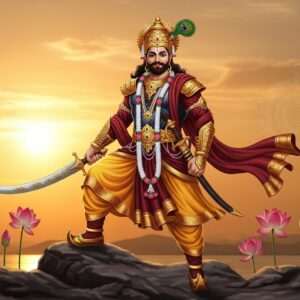 A majestic scene featuring Bappa Rawal, the legendary Indian warrior, standing heroically atop a rocky cliff overlooking a vast, serene landscape. He is depicted in traditional Rajput warrior attire with intricate armor adorned with gold and maroon patterns, reflecting the rich colors of saffron and peacock blue. His commanding presence is enhanced by the ethereal glow of the setting sun, casting a warm golden light that highlights his stature. In his right hand, he wields an exquisitely detailed sword with ornate engravings, symbolizing his might and valor. The background features stylized lotus flowers and mandalas subtly integrated into the natural scenery, adding a touch of cultural elegance. The scene captures a perfect blend of traditional Indian aesthetics and modern digital artistry, inviting readers to delve into the captivating legends of Bappa Rawal.