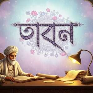 An ethereal depiction of a serene and surreal library set in ancient Bengal. The scene features a wise, elderly Indian scholar in traditional attire, seated at a grand wooden desk surrounded by ancient scrolls and manuscripts illuminated by soft, warm golden light. The background displays an intricate digital mural blending Madhubani and Pattachitra styles, showing the evolution of the Bengali script with symbolic motifs like lotus flowers and mandalas. Subtle pastel colors, such as soft blues and pale pinks, create a calm and harmonious atmosphere. The scholar's face reflects deep contemplation and wisdom, capturing the viewer's curiosity about the rich history of the Bengali alphabet.