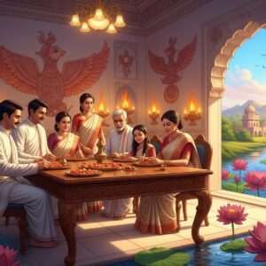 A serene scene depicting a Parsi family in traditional attire (white daglis and sarees) gathered around an intricately carved wooden table, set in a beautifully ornate room reminiscent of historical Parsi architecture. The walls are adorned with Pattachitra-style motifs of Zoroastrian symbols like the Faravahar and sacred flames, glowing softly in warm gold hues. The room is illuminated by gentle pastel-colored lights, casting a harmonious glow on the family as they engage in a traditional celebration. Outside the window, a glimpse of a vibrant Indian landscape with peacock blue skies and blooming maroon lotus flowers adds to the scene's tranquility. The art style should be hyperrealistic, merging modern digital aesthetics with traditional Indian art forms, emphasizing the spiritual and historical legacy of the Parsi community in India.