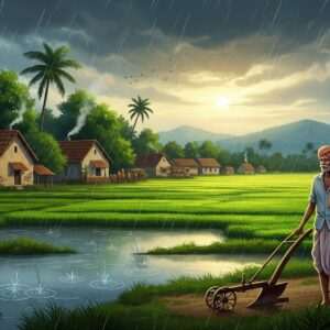 A serene Indian landscape depicting the monsoon season of 2026, with lush green fields and traditional Indian village houses under a dramatic, cloudy sky. The scene features gentle, ethereal rain falling gracefully, creating ripples in a calm water surface with glowing reflections. In the foreground, an Indian farmer in traditional attire stands with a plow, looking towards the horizon with hope and anticipation. The background has a vibrant palette of deep greens and blues, with a golden hue illuminating the scene, capturing the essence of renewal and the rhythm of life. The art style is a blend of traditional Indian art motifs and modern digital aesthetics, emphasizing tranquility and harmony.