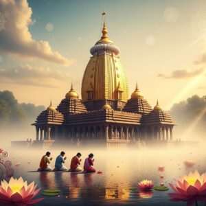 A serene, hyper-realistic depiction of the Doul Govinda Temple nestled against the lush greenery of the Assamese landscape. The temple is shown in intricate detail, highlighting its unique architectural features like the ornate carvings and the vibrant golden dome. Surrounding the temple are soft, ethereal mist and glowing pastel hues of saffron and maroon, creating a tranquil atmosphere. In the foreground, there are stylized lotus flowers and traditional Assamese motifs subtly woven into the scene. The sky is adorned with delicate, floating mandalas and gentle beams of warm golden light, emphasizing spirituality and serenity. Indian devotees in traditional attire can be seen offering prayers, enhancing the cultural context. This artwork should blend traditional Indian art forms with modern digital aesthetics, evoking a sense of reverence and intrigue.