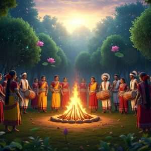 A serene, hyperrealistic image depicting a vibrant tribal gathering in the lush forests of Southern India. The scene is filled with members of tribal communities from Kerala and Karnataka, wearing traditional attire adorned with intricate patterns and cultural motifs. Their clothing is rich with colors like saffron, maroon, and peacock blue. They are engaged in a joyful dance around a large, glowing bonfire, with the forest illuminated by the soft, warm light of the fire. The background features dense greenery and tall trees, with the sky painted in pastel hues of soft blue and warm gold. Stylized lotus flowers and mandalas subtly appear in the foliage, blending heritage with modern digital aesthetics. The faces of the tribal people show expressions of joy and harmony, their eyes reflecting the ethereal glow from the fire. The scene captures the essence of tradition and culture, inviting viewers to immerse themselves in the rich tapestry of Southern India's tribal heritage.