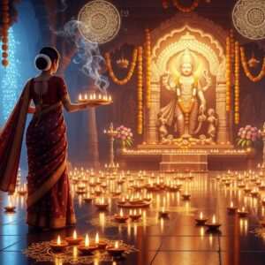 A serene and ethereal depiction of an Indian temple interior, softly illuminated by the warm glow of numerous diyas (traditional oil lamps) arranged in intricate patterns on a polished stone floor. In the foreground, an elegant Indian woman in a flowing, richly colored saree (deep maroon with gold accents) gracefully holds an aarti plate, its flames flickering gently. Her expression is one of deep devotion and peace. In the background, a larger-than-life, intricately detailed deity idol is bathed in soft golden light, surrounded by delicate floral garlands and billowing incense smoke. The scene is imbued with a sense of spirituality and tranquility, with subtle pastel hues and glowing mandalas enhancing the sacred atmosphere. The art style is hyperrealistic with a modern digital touch, emphasizing the beauty of traditional worship rituals.