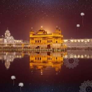 A breathtaking view of the Golden Temple, the iconic Harmandir Sahib, shimmering under a starry night sky. The temple is adorned with its resplendent gold facade, reflecting beautifully in the calm, sacred waters of the Amrit Sarovar. Surrounding the temple are ethereal, glowing mandalas and lotus flowers floating gently on the water's surface. The scene is illuminated by soft, warm lights, creating a serene and spiritual ambiance. The art style combines traditional Indian artistic elements with modern digital aesthetics, featuring deep, rich colors like maroon and peacock blue, capturing the temple's timeless beauty and spiritual significance. The atmosphere is tranquil, inviting the viewer to explore the temple's rich heritage and spiritual depth.
