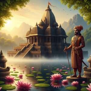 A grand, serene depiction of Doul Govinda Temple nestled amidst lush greenery on the banks of the Brahmaputra River, with a majestic view of the temple's ancient architectural design, reflecting the influence of Assamese culture. The scene is bathed in warm, golden light of early dawn, creating a tranquil and spiritual atmosphere. In the foreground, intricately detailed elements like lotus flowers and traditional Assamese motifs are woven into the landscape. A silhouette of an Assamese king from history, dressed in regal traditional attire, stands gracefully beside the temple, symbolizing his enduring legacy. The image showcases a fusion of traditional Indian art with modern digital aesthetics, featuring deep colors such as maroon and gold, and emphasizing harmony and reverence. Hyperrealistic and surreal aspects are embraced, with a gentle mist rising from the river, adding an ethereal quality that invites curiosity and respect for the sacred history of the temple.