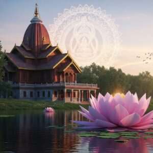 A serene depiction of the Doul Govinda Temple nestled amidst lush greenery by the banks of the Brahmaputra River in Assam. The temple, with its traditional Assamese architectural style, showcases intricate carvings and vibrant colors like maroon, gold, and peacock blue. In the foreground, there is a large lotus flower floating on calm waters, its petals gently illuminated by soft, ethereal light. Above the temple, a glowing mandala is subtly integrated into the sky, blending seamlessly with pastel pink and blue hues. The scene exudes a tranquil and spiritual atmosphere, capturing the essence of devotion and serenity associated with this sacred site. Hyperrealistic details highlight the temple's cultural motifs and heritage, inviting viewers to delve into its historical significance.