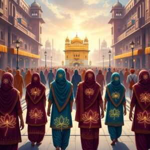 A mesmerizing, hyperrealistic scene of the iconic Heritage Street leading to the Golden Temple. The pathway is bustling with Indian pilgrims and tourists, all dressed in a vibrant array of traditional attire in deep maroon, gold, and peacock blue. Richly detailed Indian architecture lines the street, showcasing intricate carvings and grand facades. In the distance, the shimmering Golden Temple reflects a warm, ethereal glow under a serene sky with soft pastel hues. The scene includes stylized lotus flowers and glowing mandalas subtly incorporated into the patterns on clothing and architecture. The atmosphere is one of reverence and tranquility, inviting viewers to imagine themselves as part of this spiritual journey. The overall composition blends traditional Indian aesthetics with a modern digital art style, capturing both heritage and innovation.