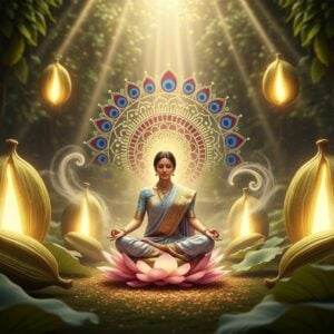 A serene, ethereal depiction of an Indian woman meditating in a tranquil, lush garden surrounded by large, glowing cardamom pods that radiate a soft, golden light. She is seated cross-legged on a lotus flower, adorned in a flowing pastel saree with intricate gold patterns. The background features a subtle, pastel-colored mandala with delicate peacock blue and maroon accents, symbolizing spiritual enlightenment. Around her, gentle swirls of spice-infused mist create an aura of tranquility and mysticism. The scene is bathed in a warm, golden glow, with ethereal beams of light filtering through the foliage, emphasizing the sacred essence of cardamom. The style is hyperrealistic with a touch of surrealism, capturing both the health and spiritual benefits of this revered spice.