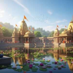 In the foreground, a serene, ethereal depiction of the Bindusagar Lake surrounded by ancient temples with intricate carvings, blending traditional Indian architecture and nature. The temples are adorned with golden accents and vibrant saffron flags fluttering in the breeze. The lake reflects the lush greenery and colorful lotus flowers floating on its surface. Indian devotees dressed in traditional attire are seen offering prayers, their silhouettes reflecting tranquility and mindfulness. The sky is painted in soft pastel shades of blue and pink, with gentle rays of sunlight casting a warm glow over the scene. The art style combines hyperrealism with digital aesthetics, emphasizing the peaceful coexistence of spirituality and nature, inviting viewers into a world of divine beauty and serenity.