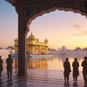 A serene, ethereal depiction of the Golden Temple at dusk, bathed in a soft, golden glow. The temple's reflection shimmers on the calm water surface of the surrounding Amrit Sarovar. In the foreground, an intricately detailed, traditional Indian archway adorned with lotus and peacock motifs frames the view, inviting the viewer into the scene. The sky is a gradient of warm pastels, with hints of pink and orange as the sun sets. Silhouettes of visitors, draped in traditional Indian attire, are seen walking along the heritage street leading to the temple, creating a sense of journey and reverence. The scene is hyperrealistic, with attention to detail in the temple's golden domes and the tranquil ambiance, embodying spirituality and history.