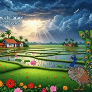 A mesmerizing scene of an Indian landscape transformed by the monsoon, with lush, verdant fields and vibrant flowers in bloom. In the foreground, a majestic peacock spreads its iridescent feathers, capturing the essence of beauty and renewal. Above, the sky is an intricate tapestry of swirling clouds in deep blues and grays, with beams of golden sunlight piercing through, casting a warm glow over the scene. The rain falls gently, creating a serene and ethereal atmosphere. In the background, traditional Indian village homes are nestled amidst the greenery, with water-filled rice paddies reflecting the sky. The image combines elements of Madhubani and Pattachitra art with modern digital aesthetics, using rich colors like saffron and peacock blue. The overall tone is one of tranquility and harmony, inviting viewers to explore the intricate relationship between science and soul in India's monsoon.
