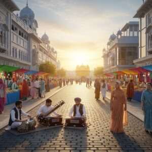 A serene, photo-realistic scene depicting Amritsar's Heritage Street in 2026. The street is bustling with life, showcasing a harmonious blend of traditional and modern elements. Traditional Punjabi architecture with intricate carvings and vibrant colors stand alongside sleek, contemporary structures. Golden rays of a setting sun illuminate the scene, casting a warm glow over the cobblestone path lined with colorful stalls selling traditional Indian crafts and street food. Visitors, dressed in modern attire with ethnic touches like turbans and sarees, leisurely stroll through the street. A group of Indian musicians plays traditional instruments, creating an ethereal ambiance. In the background, the iconic Golden Temple shimmers under the soft evening light, embodying spirituality and heritage. The scene captures the essence of cultural richness, modernity, and tranquility.