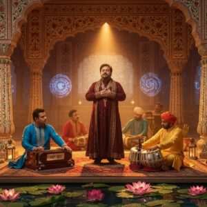 An ethereal and serene depiction of a Sufi Qawwali gathering, featuring a central figure inspired by Fateh Ali Khan. The scene is set in an ornate, traditional Indian setting with intricate patterns reminiscent of Madhubani art. The central figure is surrounded by musicians playing traditional instruments like the harmonium and tabla, all dressed in vibrant, flowing robes in deep maroon, gold, and peacock blue. The atmosphere is illuminated with soft, glowing pastel lights, casting a warm golden hue over the scene. In the background, delicate lotus flowers and swirling mandalas add a touch of spirituality. The composition exudes tranquility and devotion, capturing the essence of Sufi music with a modern digital aesthetic. The characters have an aura of serene concentration and harmony, inviting viewers to immerse themselves in the soulful legacy of Qawwali.