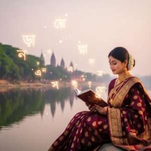 A serene and ethereal scene of a young Indian woman in traditional Bengali attire, draped in a deep maroon saree with golden embroidery, sitting on the banks of a tranquil river. She holds an open book in her hand, radiating wisdom and serenity. Surrounding her are ethereal glowing Bengali letters softly floating in the air, casting a warm glow around her. The background is adorned with lush green trees and distant Bengali temples reflecting in the calm water. The scene is bathed in a soft, pastel pink and golden light, creating a peaceful and inviting atmosphere. The art style is hyperrealistic with surreal elements, blending traditional cultural motifs with modern digital aesthetics.