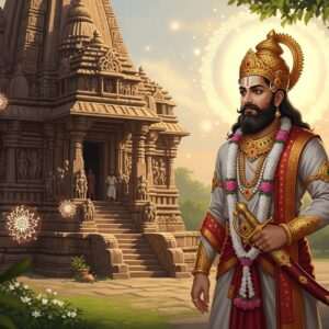 A majestic Indian king, Bappa Rawal, in intricately designed traditional royal attire with a golden crown, stands in front of the ancient Eklingji Temple. The temple is adorned with detailed carvings and surrounded by lush greenery. A serene, ethereal glow envelops the scene, casting soft, warm gold and pastel hues. Glowing mandalas and subtle lotus motifs float in the air, enhancing the spiritual aura. Bappa Rawal holds a sword in one hand, symbolizing his valor, while his expression reflects deep contemplation and spirituality. The artwork should be hyperrealistic, blending traditional Indian art styles with modern digital aesthetics, capturing the essence of history and spiritual journey.