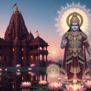 A majestic scene depicting the Eklingji Temple at dusk, bathed in the warm glow of twilight. The temple's intricate architecture is highlighted with deep maroon and gold accents, exuding a regal aura. In the foreground, Bappa Rawal, an Indian warrior king, stands in traditional armor, with an ethereal, serene expression. His attire reflects a blend of ancient and modern aesthetics, with intricate patterns reminiscent of Phad art. Surrounding him are glowing mandalas and softly lit lotus flowers, symbolizing spiritual wisdom. The background features a serene water body with reflections of the temple and a pastel-hued sky, evoking a sense of peace and timelessness. The art style is hyperrealistic with surreal elements, creating a captivating and spiritual atmosphere.