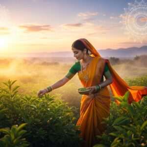 A serene, ethereal scene set in a lush, verdant spice garden at sunrise. In the foreground, a radiant Indian woman in a flowing saffron saree delicately picks cardamom pods from a vibrant green plant. Her jewelry glistens with hints of gold and emerald, echoing the deep green of the cardamom leaves. The background features a soft pastel sky with glowing mandalas faintly visible in the clouds, suggesting the rich, ancient history of this spice. A gentle breeze carries a surreal mix of cardamom's sweet, aromatic essence, subtly visible as a golden mist swirling through the scene. This image is a harmonious blend of traditional Indian aesthetics and modern digital surrealism, evoking a sense of tranquility and cultural depth.