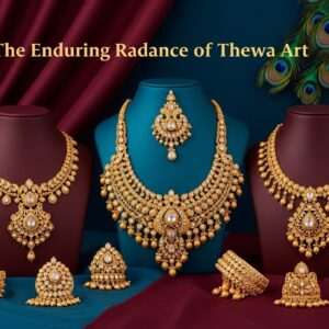 An exquisite display of Thewa Art jewelry pieces, intricately designed and gleaming with rich gold hues, set against a backdrop of deep maroon and peacock blue colors that evoke a sense of heritage and elegance. Each piece showcases the traditional Indian motifs of lotus flowers and mandalas, enhanced with modern digital aesthetics that capture the light beautifully. The jewelry is displayed on elegant silk fabric, with soft glowing lights that highlight the intricate craftsmanship. The scene is serene and ethereal, blending cultural richness with contemporary allure, inviting viewers to delve deeper into the timeless tradition of Pratapgarh's Thewa Art.