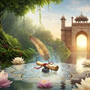 A serene and ethereal scene depicting a harmonious blend of Indian and Bengali cultural motifs. In the foreground, an intricately designed glowing mandala with subtle hues of soft blue and warm gold, surrounded by stylized lotus flowers. In the center, a traditional ink quill and an ancient scroll gracefully floating above calm water surfaces, symbolizing the journey of language and learning. The background features a dreamlike fusion of Bengal's lush greenery and India's iconic architectural elements. The sky is adorned with pastel-colored clouds, with faint spiritual symbols subtly glowing through them, creating an atmosphere of tranquility and mindfulness. The art style should be hyperrealistic, merging traditional Indian art forms with modern digital aesthetics, inviting readers into a world of cultural exploration and linguistic discovery.
