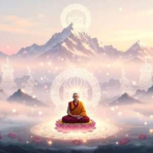 An ethereal and serene landscape depicting Vajrayana Buddhism, featuring a majestic Himalayan backdrop bathed in soft, pastel hues of pale pink and warm gold. In the foreground, a Tibetan monk in traditional robes (maroon and saffron) sits peacefully on a lotus blossom surrounded by a glowing mandala. The monk is deep in meditation, with an aura of tranquility and wisdom. Surrounding him are subtle, luminous symbols of Vajrayana Buddhism, including the Vajra (diamond thunderbolt) and bell, rendered in intricate patterns reminiscent of Madhubani and Pattachitra art forms. The scene has a surreal quality with gentle mist and soft glowing lights that evoke mindfulness and spiritual depth. The composition balances traditional cultural motifs with modern digital aesthetics, creating a captivating visual narrative that invites exploration and reflection.