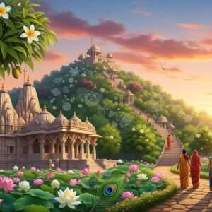 An ethereal, serene landscape of Parnera Hill in Valsad, depicted with lush greenery and intricate, stylized patterns reminiscent of Madhubani art. In the foreground, an elegant Jain shrine stands majestically, its architecture adorned with traditional motifs and glowing softly in the warm golden light. A tranquil path leads up the hill, flanked by vibrant lotus flowers and peacock feathers that add cultural richness. The sky is a soft pastel gradient with hints of maroon and saffron hues, creating a surreal, dreamlike atmosphere. The scene embodies tranquility and spirituality, inviting viewers to explore the cultural gem. Indian characters in traditional attire are depicted in the distance, adding a sense of harmony and reverence to the scene.