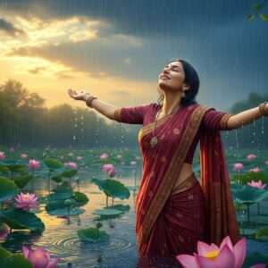 An Indian woman dressed in a vibrant maroon saree, standing joyfully in a lush, rain-soaked garden filled with blooming lotus flowers. Her arms are outstretched, welcoming the gentle pre-monsoon rain as it falls in delicate droplets around her. The scene is illuminated by a soft, warm glow that highlights the rich colors and intricate patterns of her attire, while the backdrop features a serene, water-filled landscape with rippling reflections. The sky is a blend of deep saffron and peacock blue, with faint hints of sunlight filtering through rain clouds. The overall ambiance is serene and ethereal, capturing the beauty and celebration of the first showers in India. Art style should be hyperrealistic with a surreal touch, emphasizing tranquility and the spiritual connection to nature.